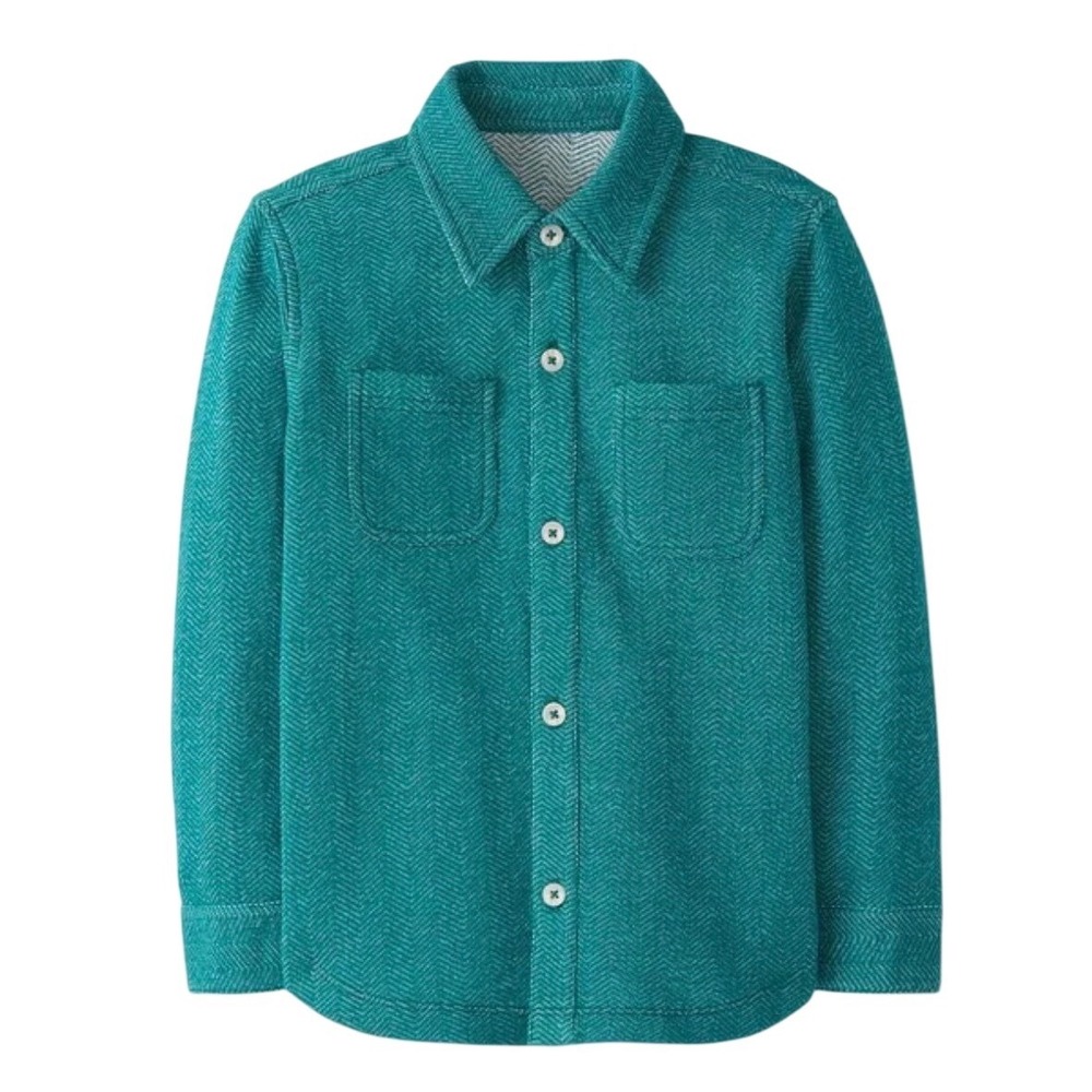 HANNA ANDERSON Herringbone Button Down Shirt Boys Size 5 Teal Knit Flannel EUC